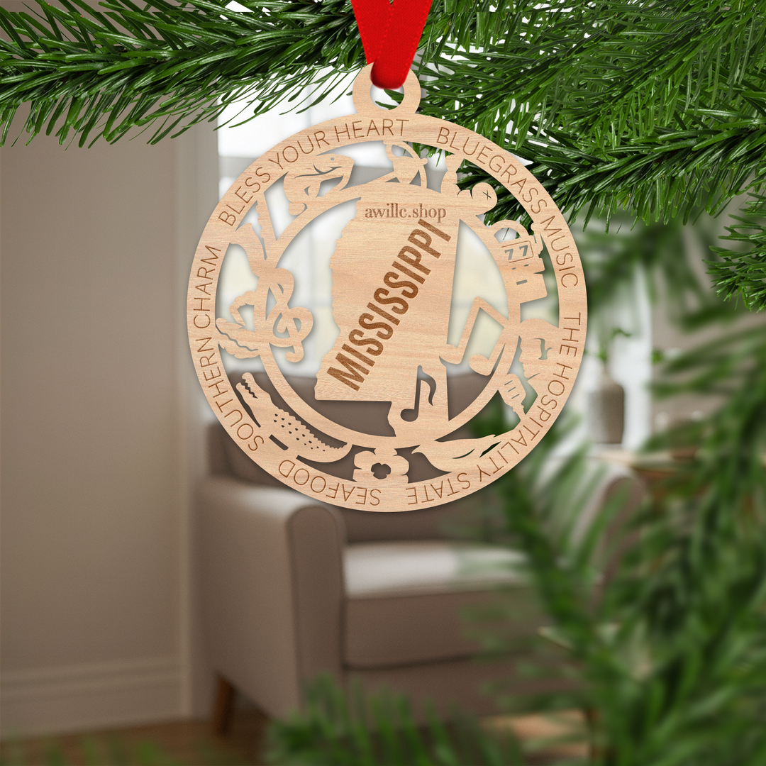 Mississippi state single layer wood ornament, laser engraved as a rustic keepsake gift