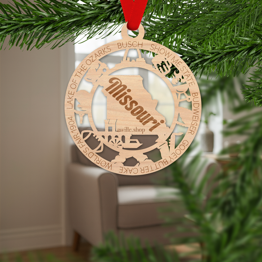 Missouri state single layer wood ornament, laser engraved as a rustic keepsake gift