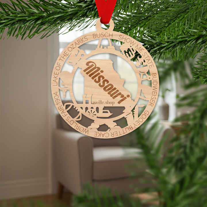 Missouri state single layer wood ornament, laser engraved as a rustic keepsake gift