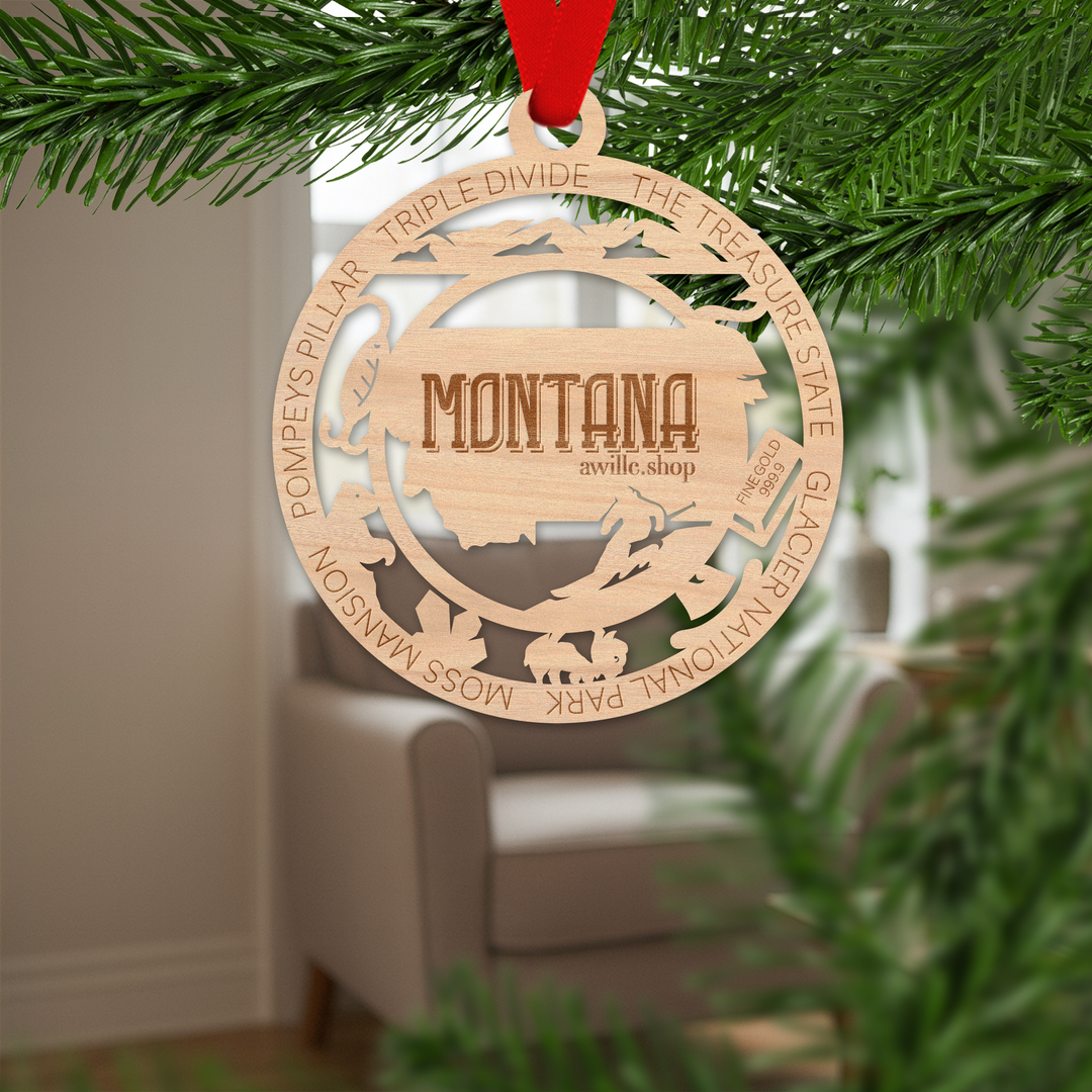 Montana state single layer wood ornament, laser engraved as a rustic keepsake gift