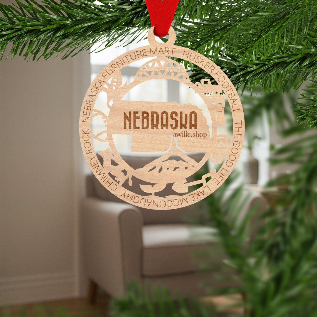 Nebraska state single layer wood ornament, laser engraved as a rustic keepsake gift