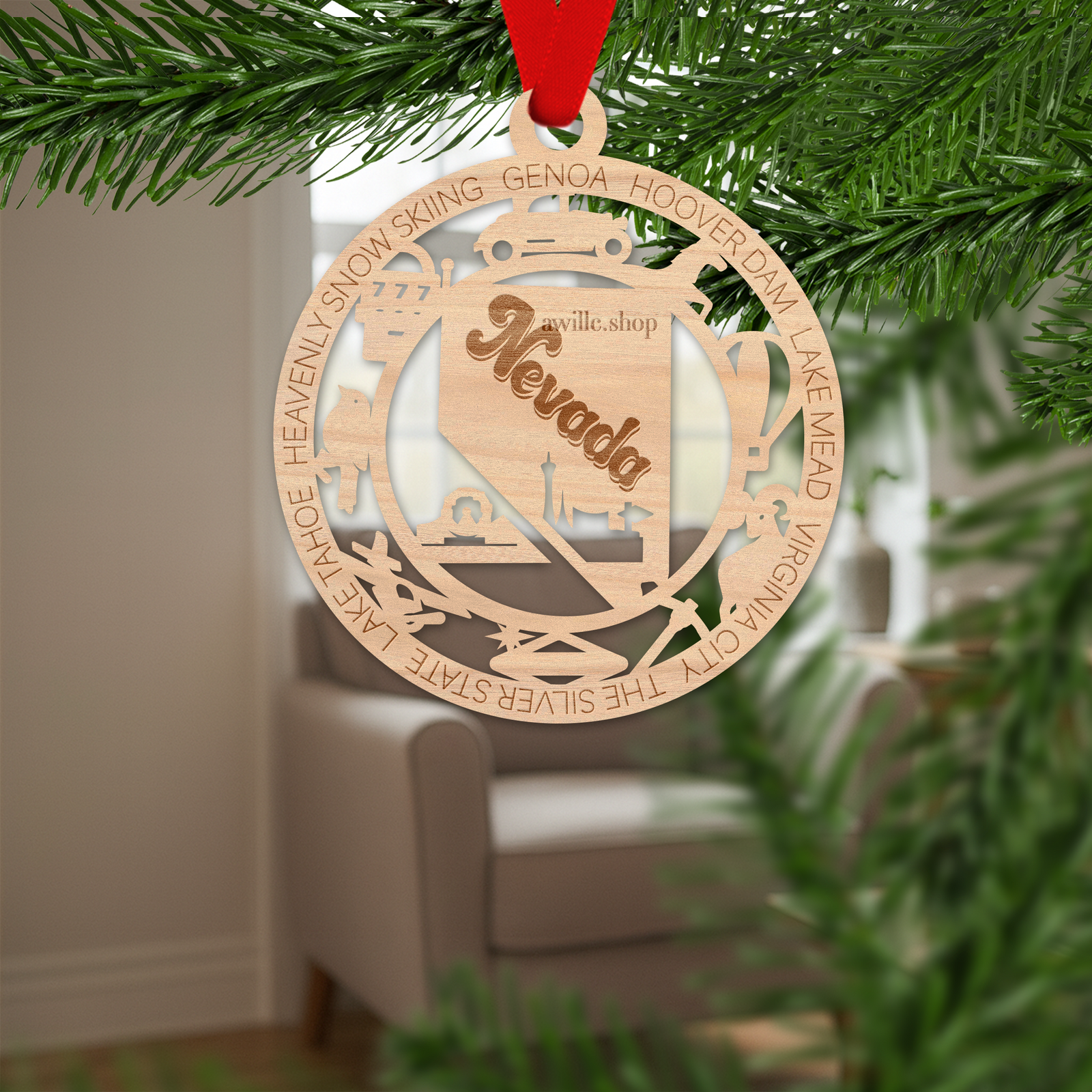 Nevada state single layer wood ornament, laser engraved as a rustic keepsake gift