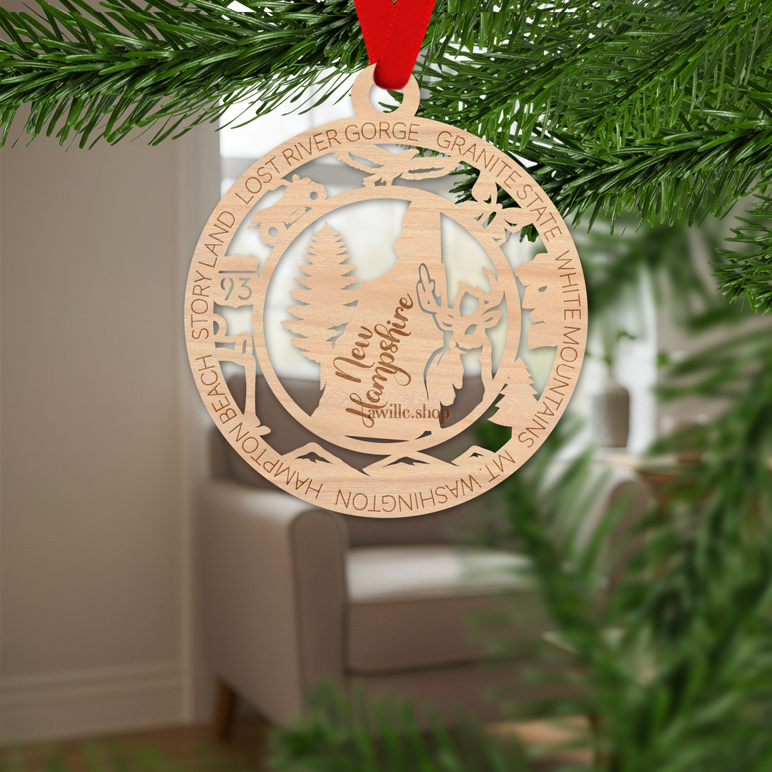New Hampshire state single layer wood ornament, laser engraved as a rustic keepsake gift