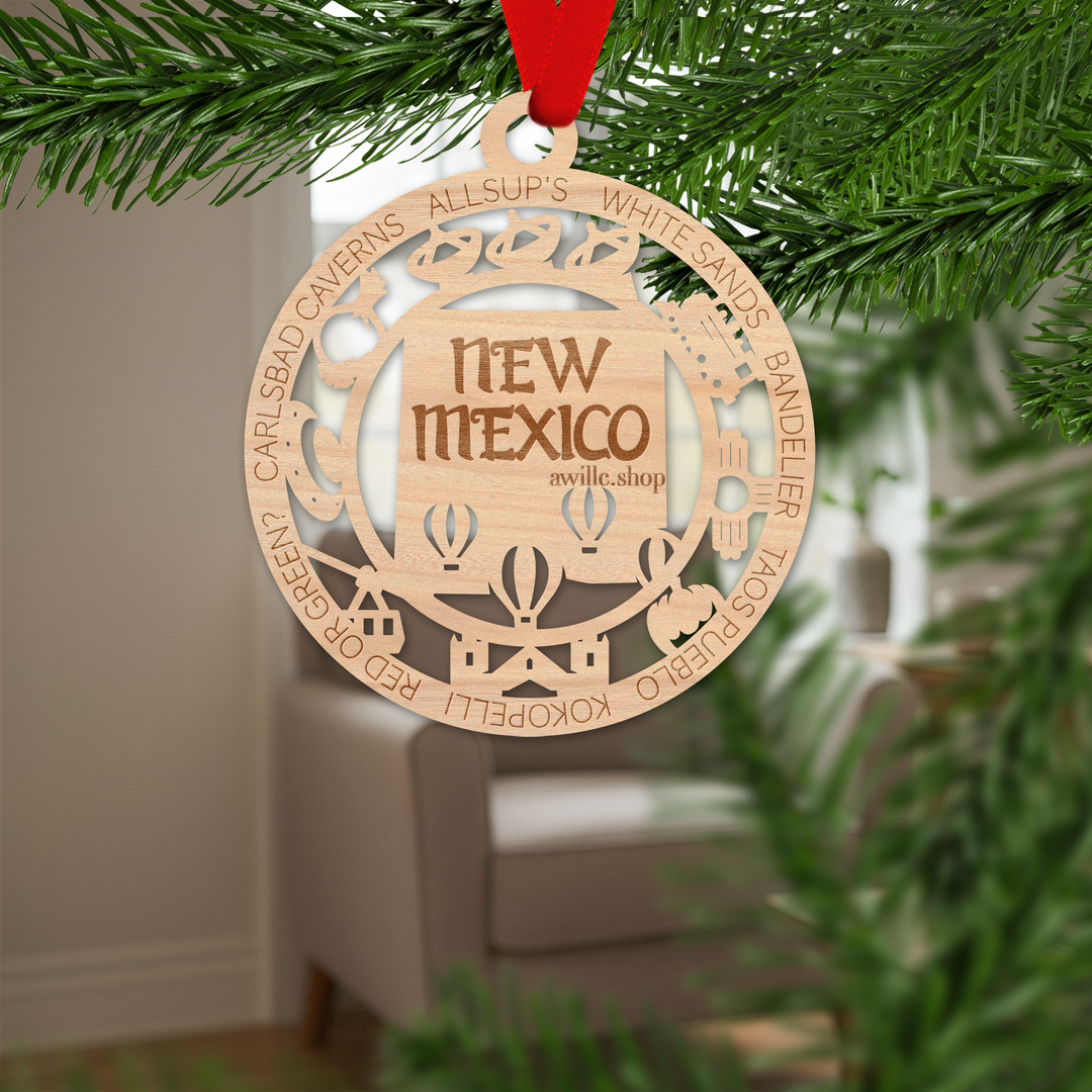 New Mexico state single layer wood ornament, laser engraved as a rustic keepsake gift