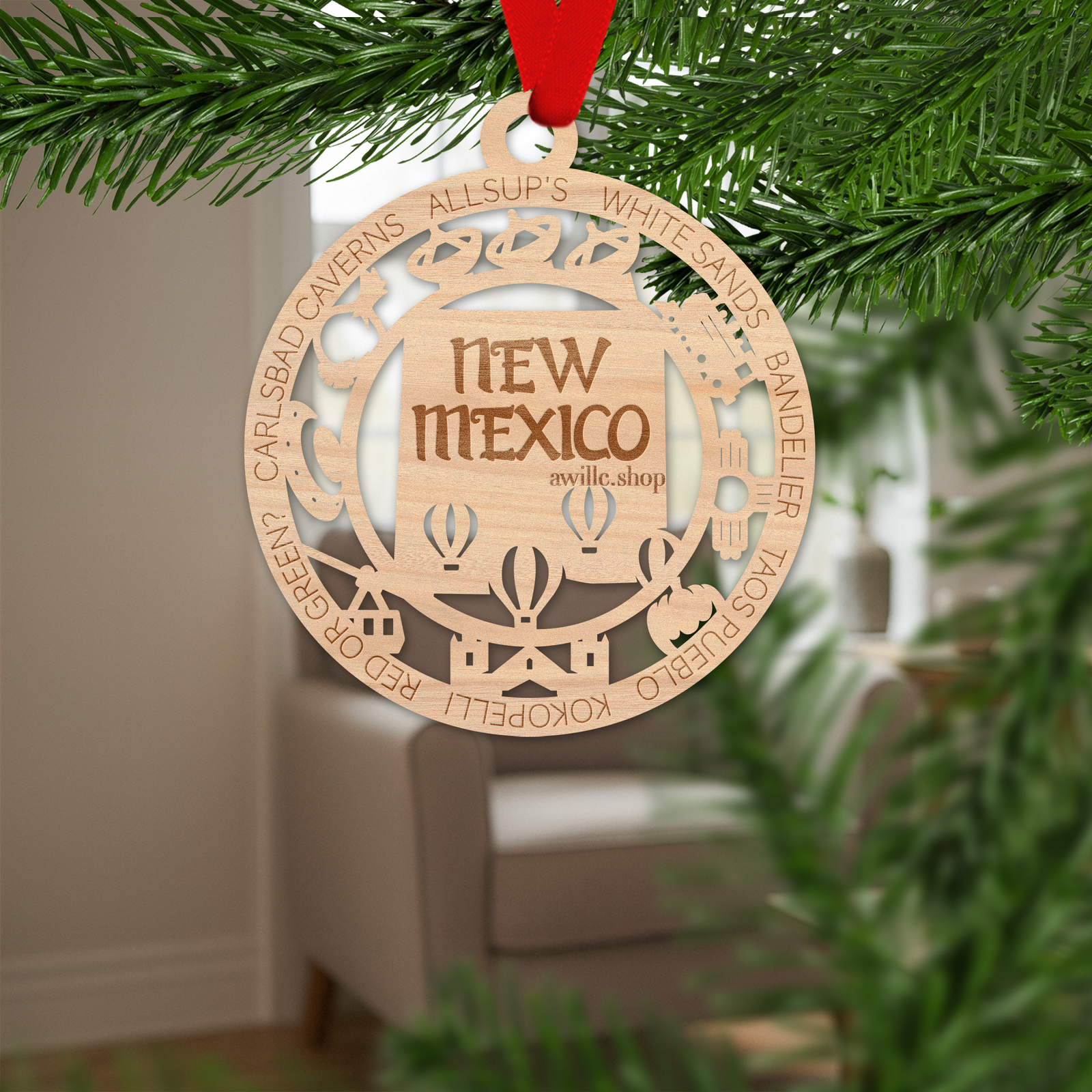 New Mexico state single layer wood ornament, laser engraved as a rustic keepsake gift