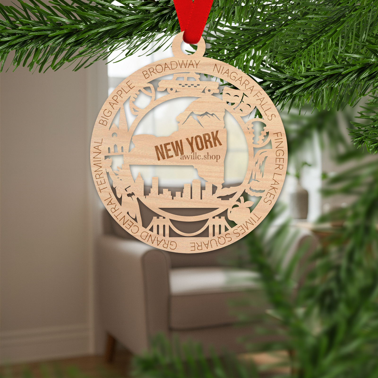 New York state single layer wood ornament, laser engraved as a rustic keepsake gift