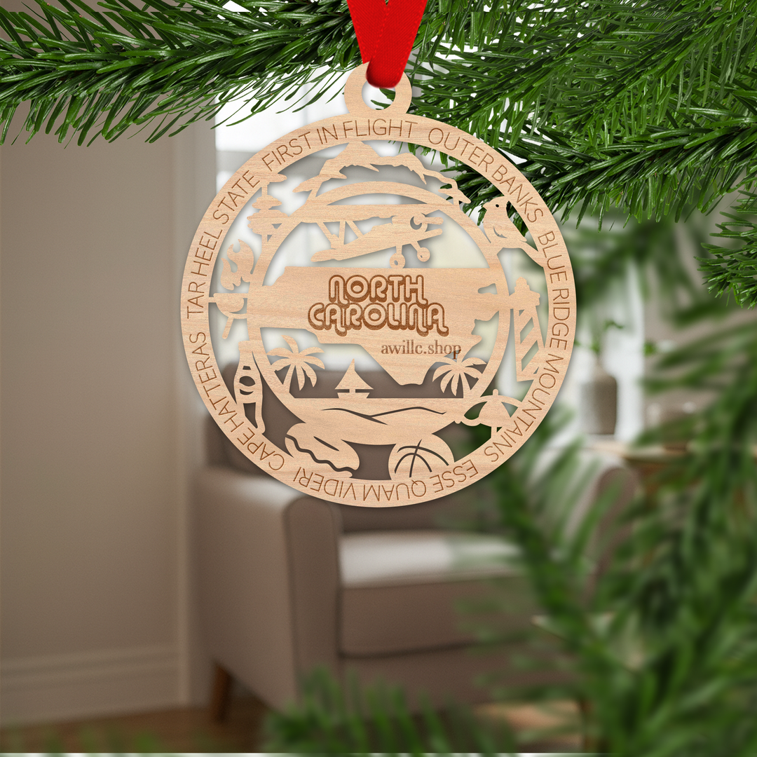 North Carolina state single layer wood ornament, laser engraved as a rustic keepsake gift