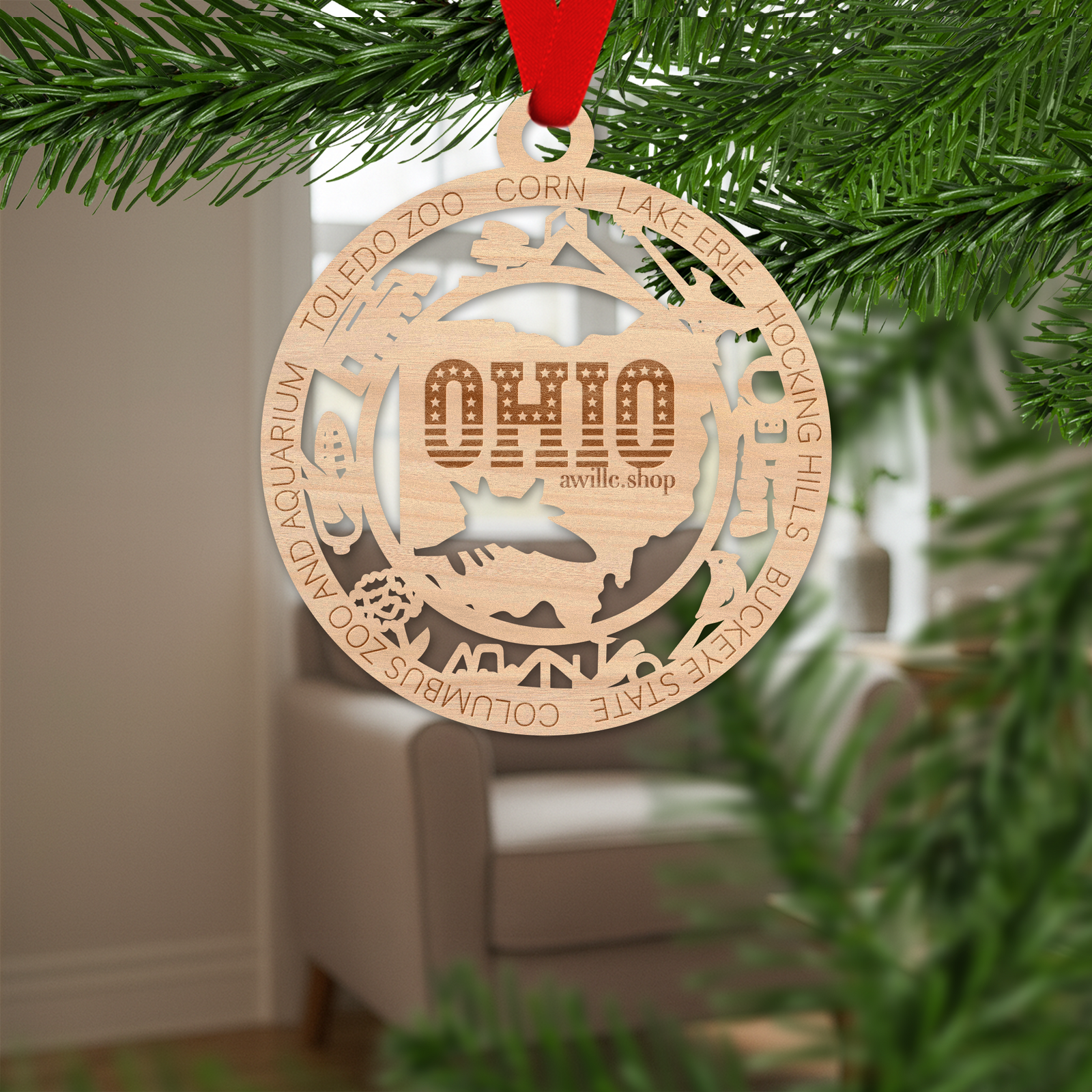 Ohio state single layer wood ornament, laser engraved as a rustic keepsake gift