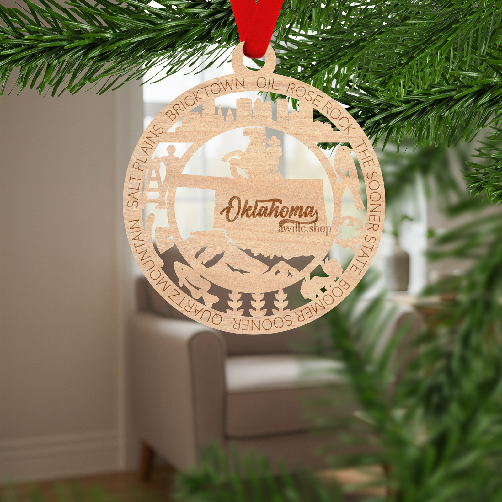 Oklahoma state single layer wood ornament, laser engraved as a rustic keepsake gift