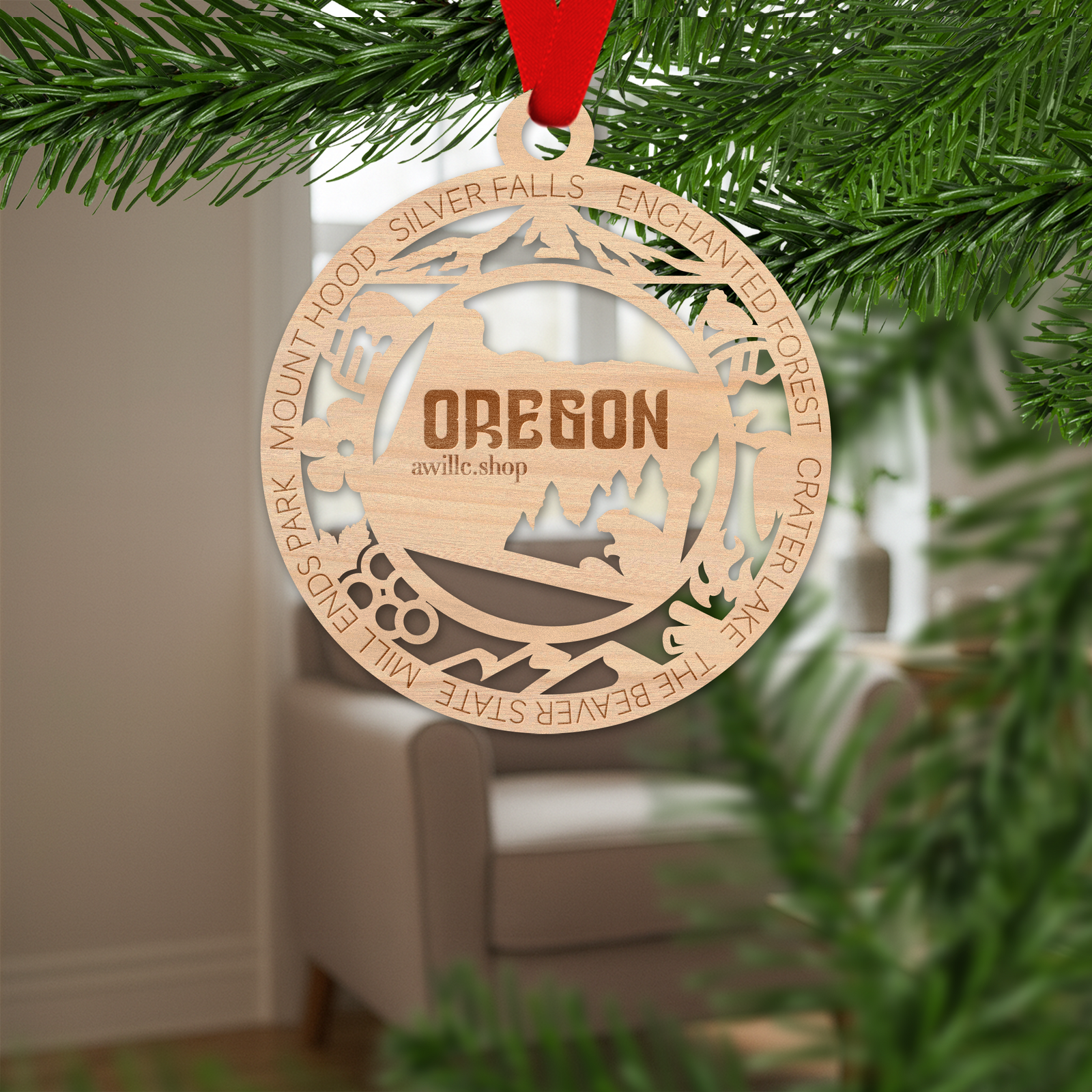 Oregon state single layer wood ornament, laser engraved as a rustic keepsake gift
