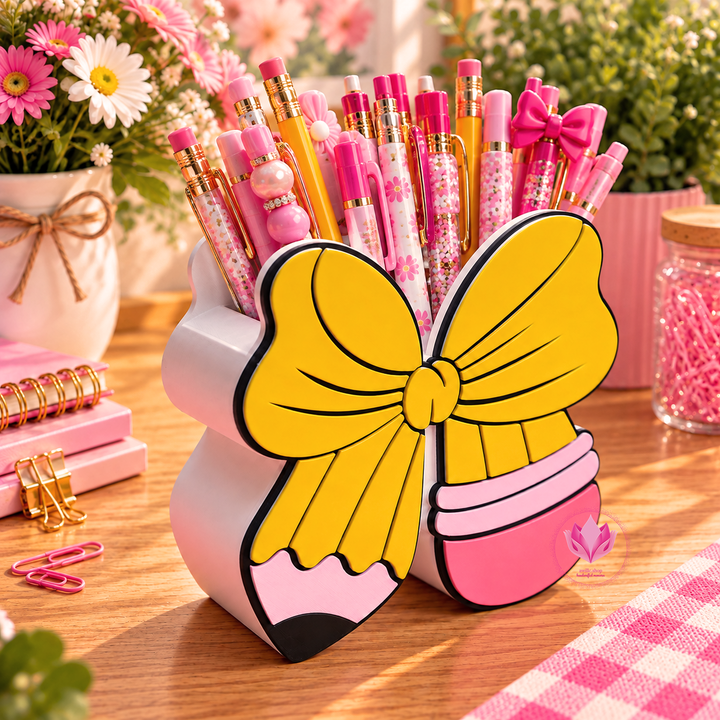 3D printed pencil bow teacher box featuring a yellow pencil, oversized bow and pink accents.
