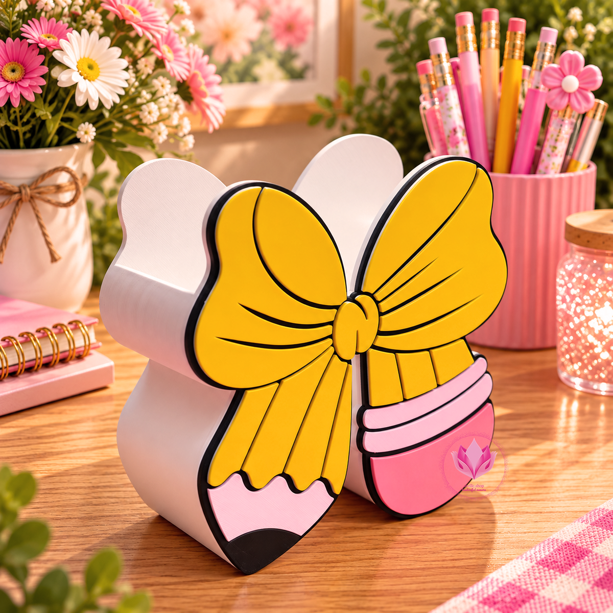 Colorful 3D printed pencil and bow storage box designed as a fun classroom or teacher desk accessory.