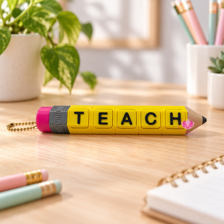 3D printed personalized pencil fidget clicker featuring yellow pencil body, pink eraser and clickable name letters.