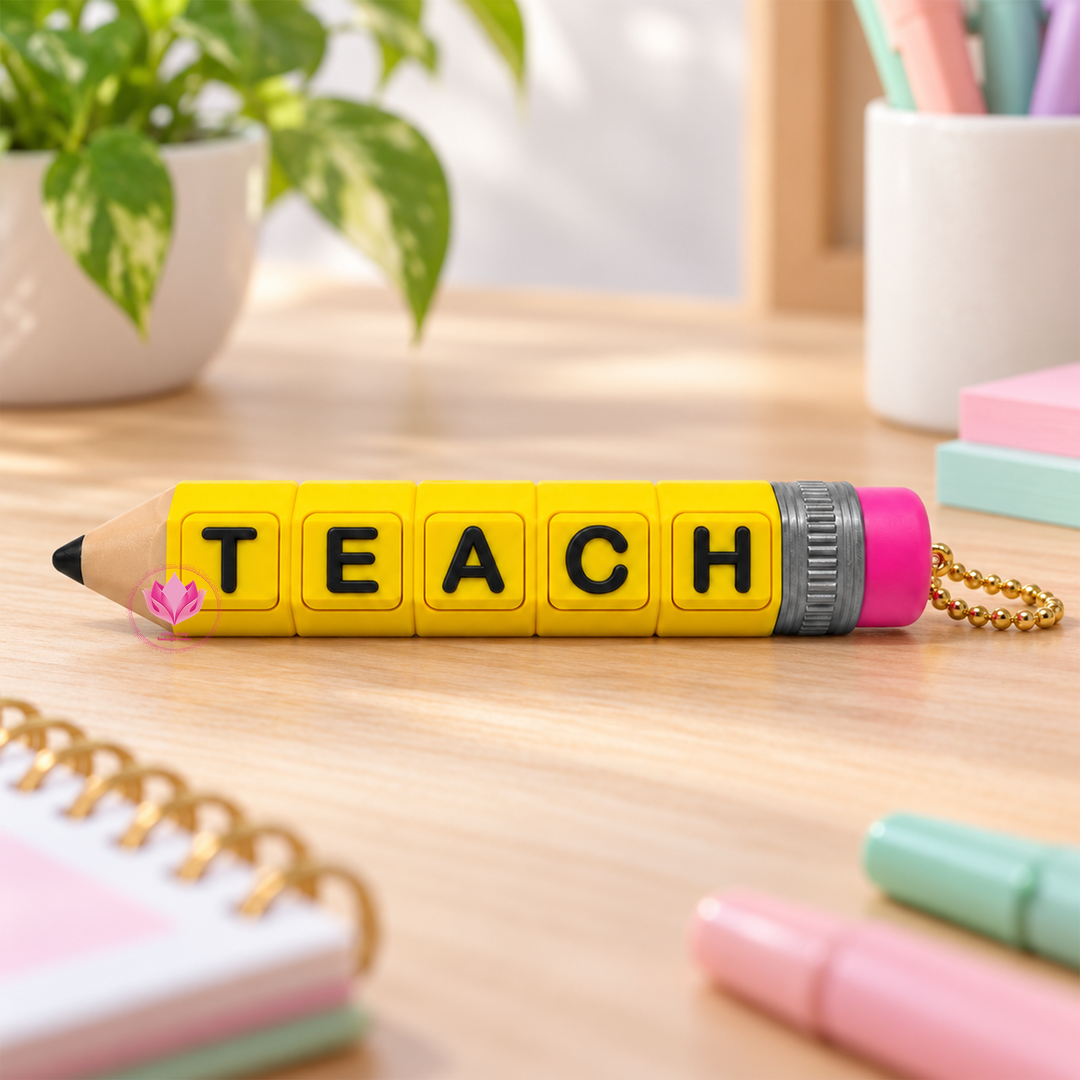 Custom pencil fidget clicker with personalized letter buttons and colorful school inspired design for teachers and students.