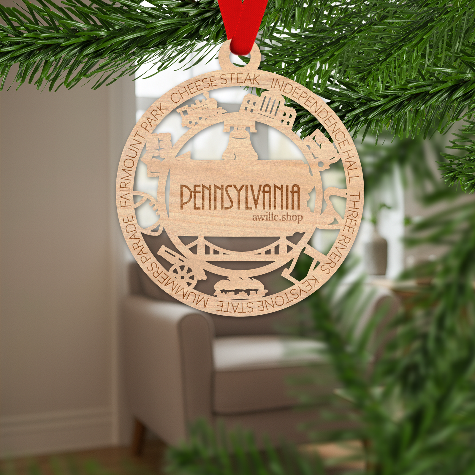 Pennsylvania state single layer wood ornament, laser engraved as a rustic keepsake gift