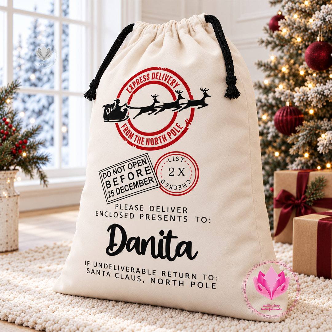Personalized cream Christmas gift sack featuring Santa Express Delivery design and custom name.