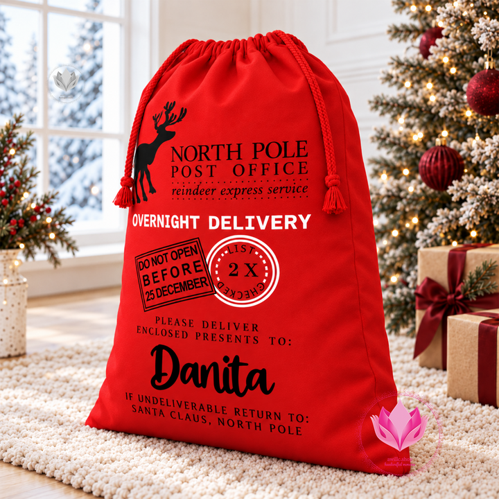 Personalized red Christmas gift sack featuring Santa Express Delivery design and custom name.