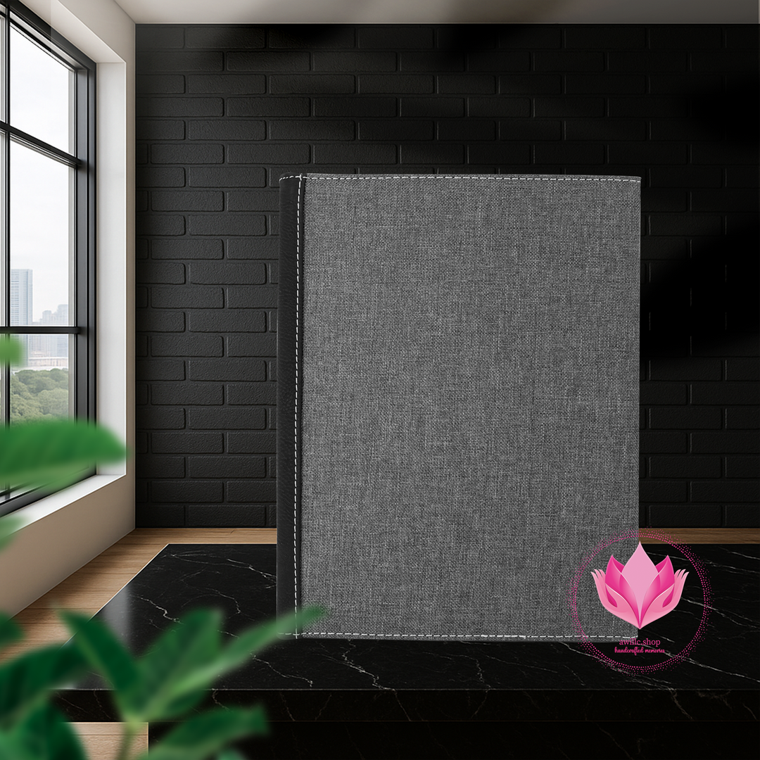 Engraved Gray textured Portfolio black surface Silver text finish.