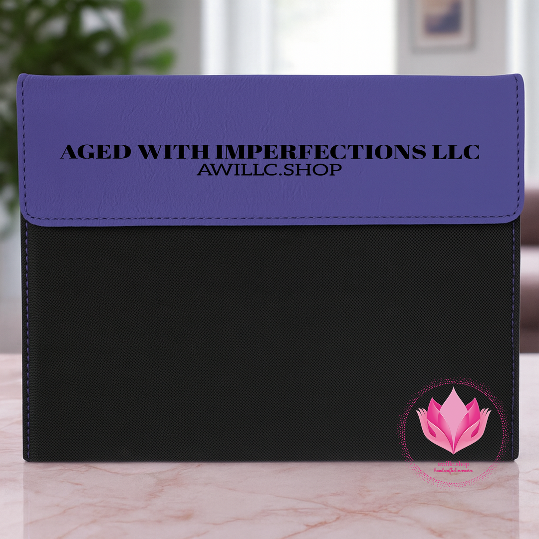 Engraved Portfolio Black and purple pouch with 'Aged with Imperfections LLC' text afaux leather.