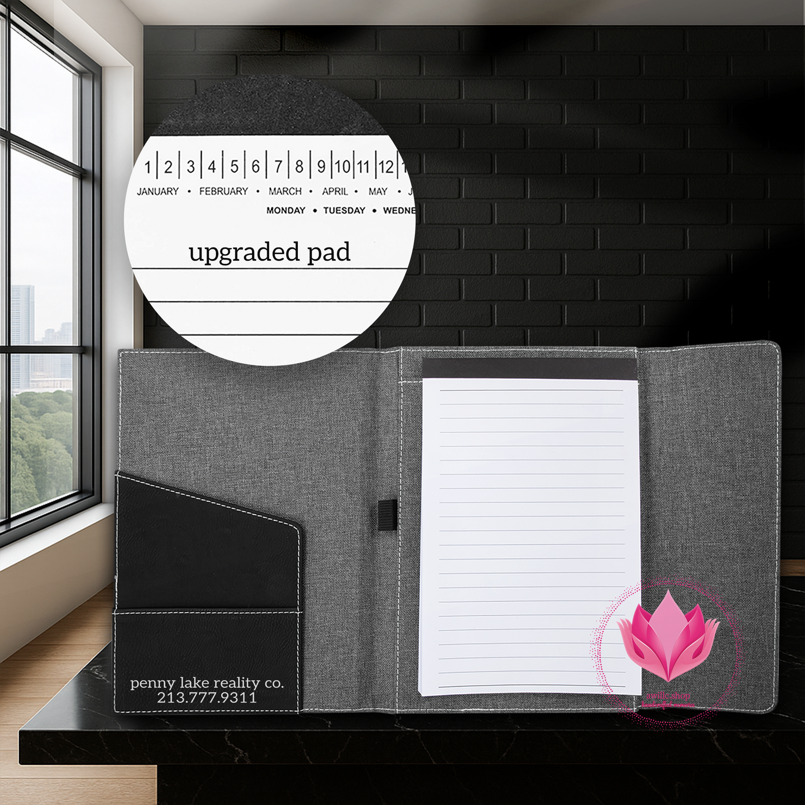 Gray material Engraved with black faux leather cover -awillc.shop
