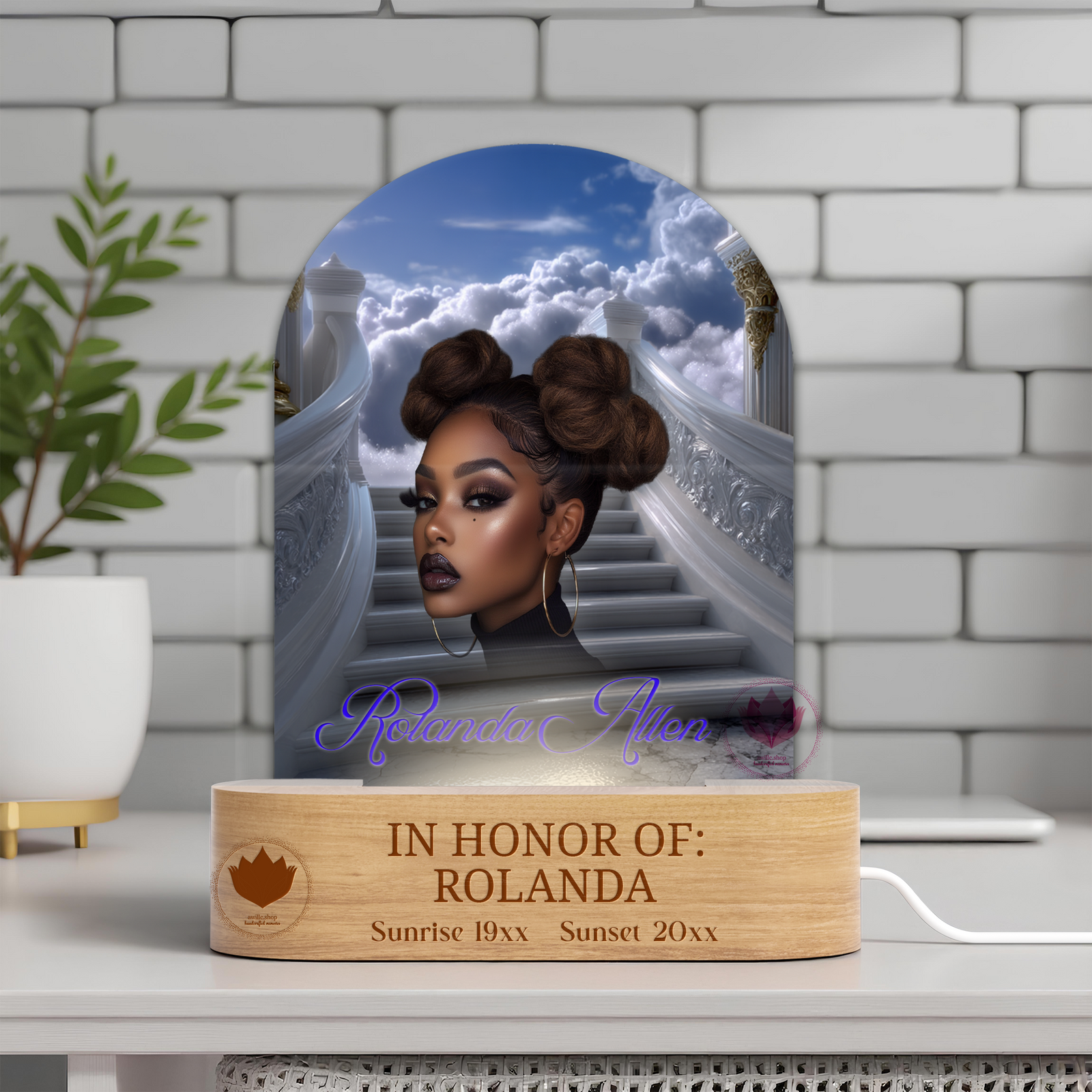 Printed acrylic arch memorial light with a glowing LED wooden base displaying a personalized portrait on a heavenly staircase background.