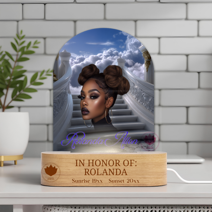 Printed acrylic arch memorial light with a glowing LED wooden base displaying a personalized portrait on a heavenly staircase background.