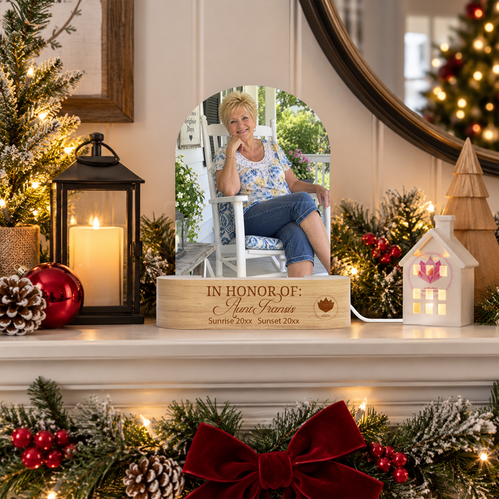 Personalized acrylic arch photo LED light with an older woman&