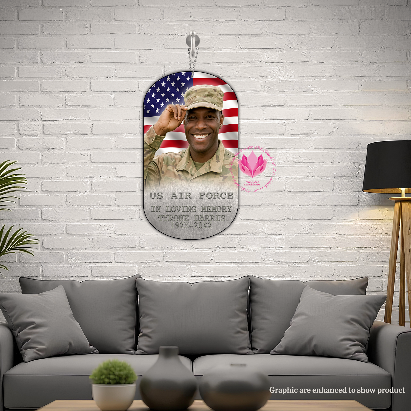 Create a heartfelt tribute with our Custom Military Air Force Memorial Wall Tag. This 9.7" × 16" × 17" indoor display features your loved one’s photo, patriotic detailing, and includes a hanging chain. Perfect for memorial walls and remembrance décor.