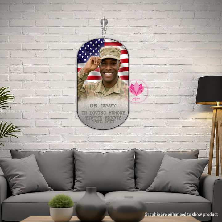 Create a heartfelt tribute with our Custom Military Navy Memorial Wall Tag. This 9.7" × 16" × 17" indoor display features your loved one’s photo, patriotic detailing, and includes a hanging chain. Perfect for memorial walls and remembrance décor.