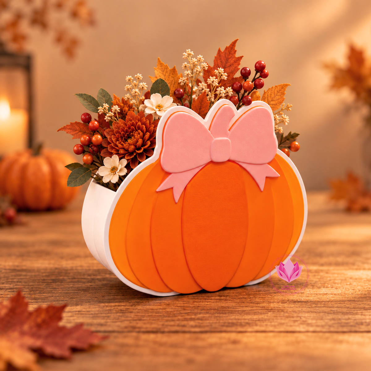 3D printed orange pumpkin box with pink bow and white accents for fall gifts, treats, florals, and seasonal décor