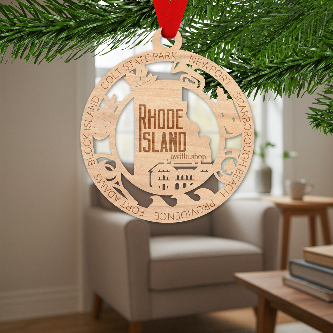 Rhode Island state single layer wood ornament, laser engraved as a rustic keepsake gift
