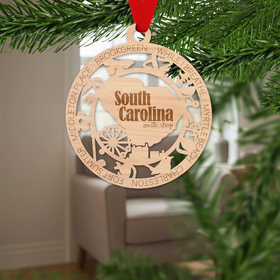 South Carolina state single layer wood ornament, laser engraved as a rustic keepsake gift