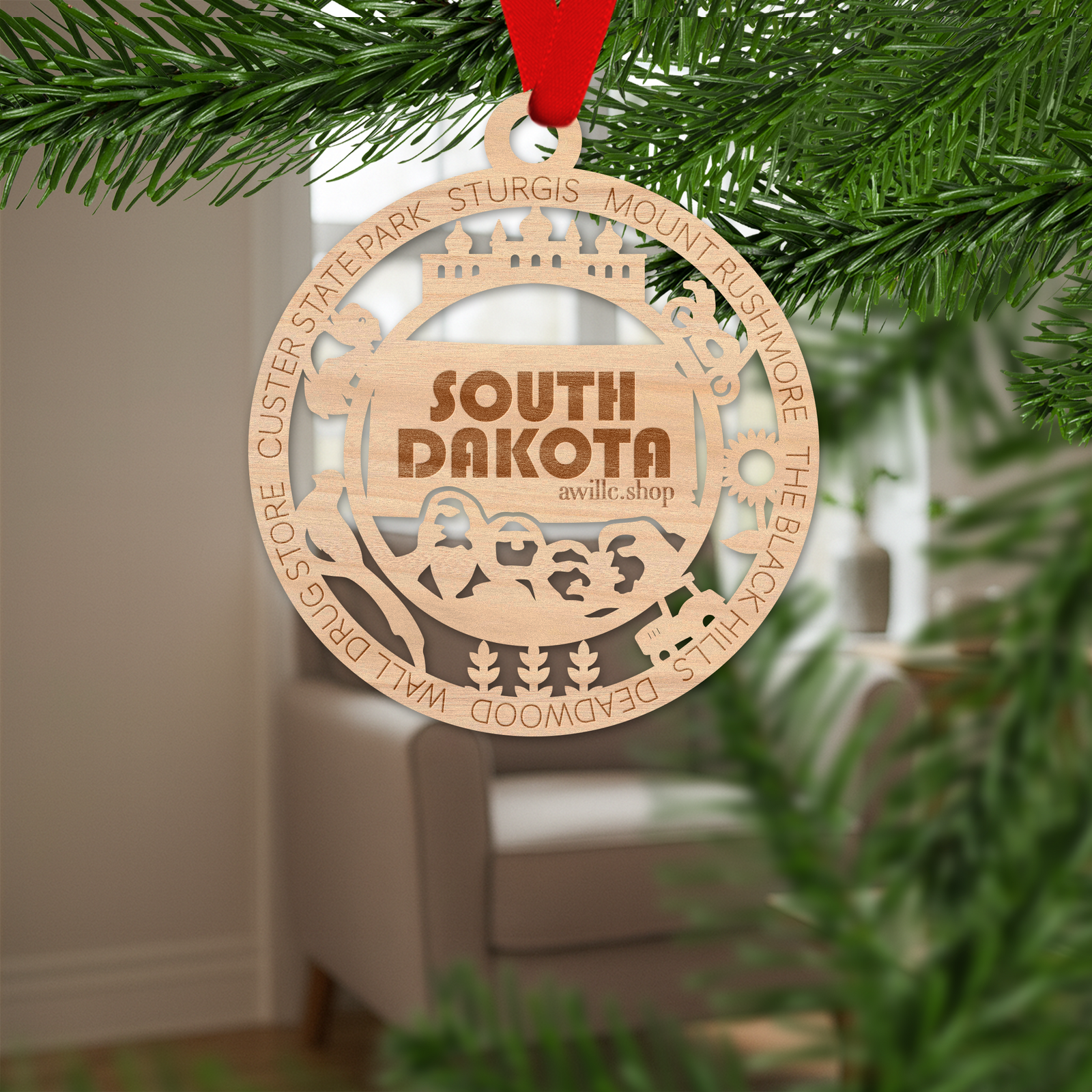 South Dakota state single layer wood ornament, laser engraved as a rustic keepsake gift