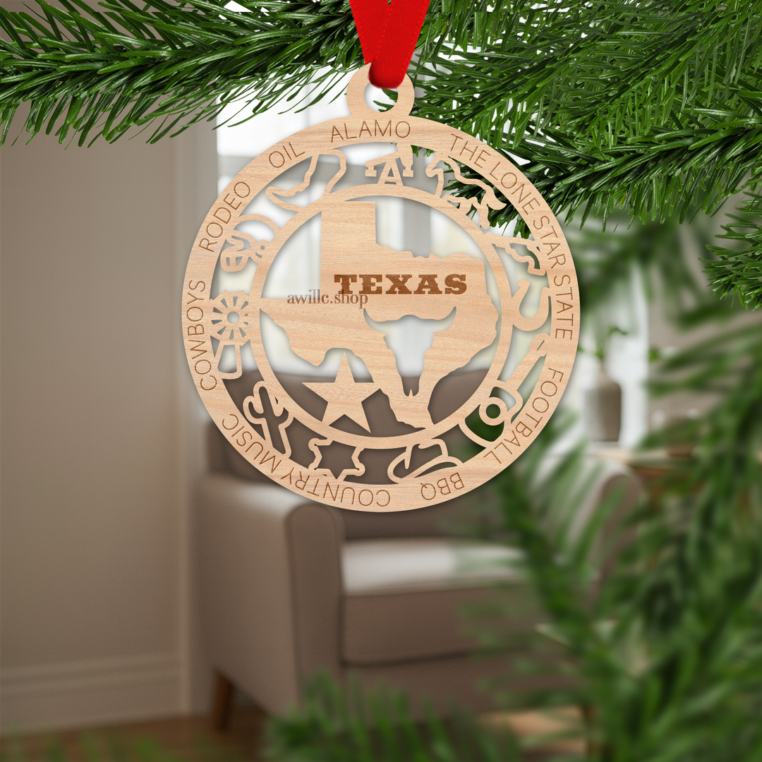 Texas state single layer wood ornament, laser engraved as a rustic keepsake gift