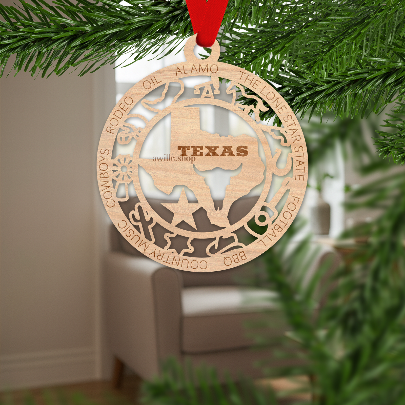 Texas state single layer wood ornament, laser engraved as a rustic keepsake gift