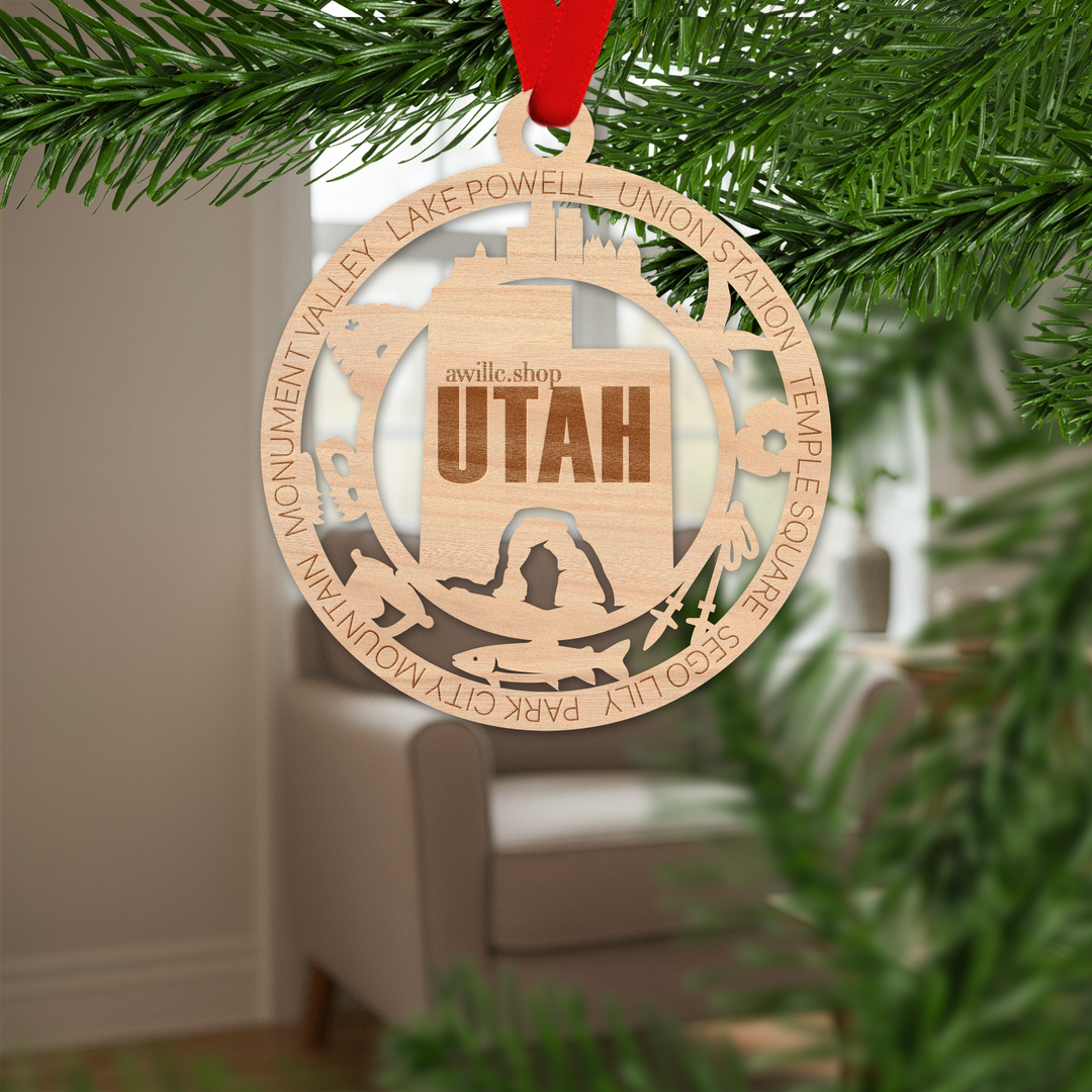 Utah state single layer wood ornament, laser engraved as a rustic keepsake gift