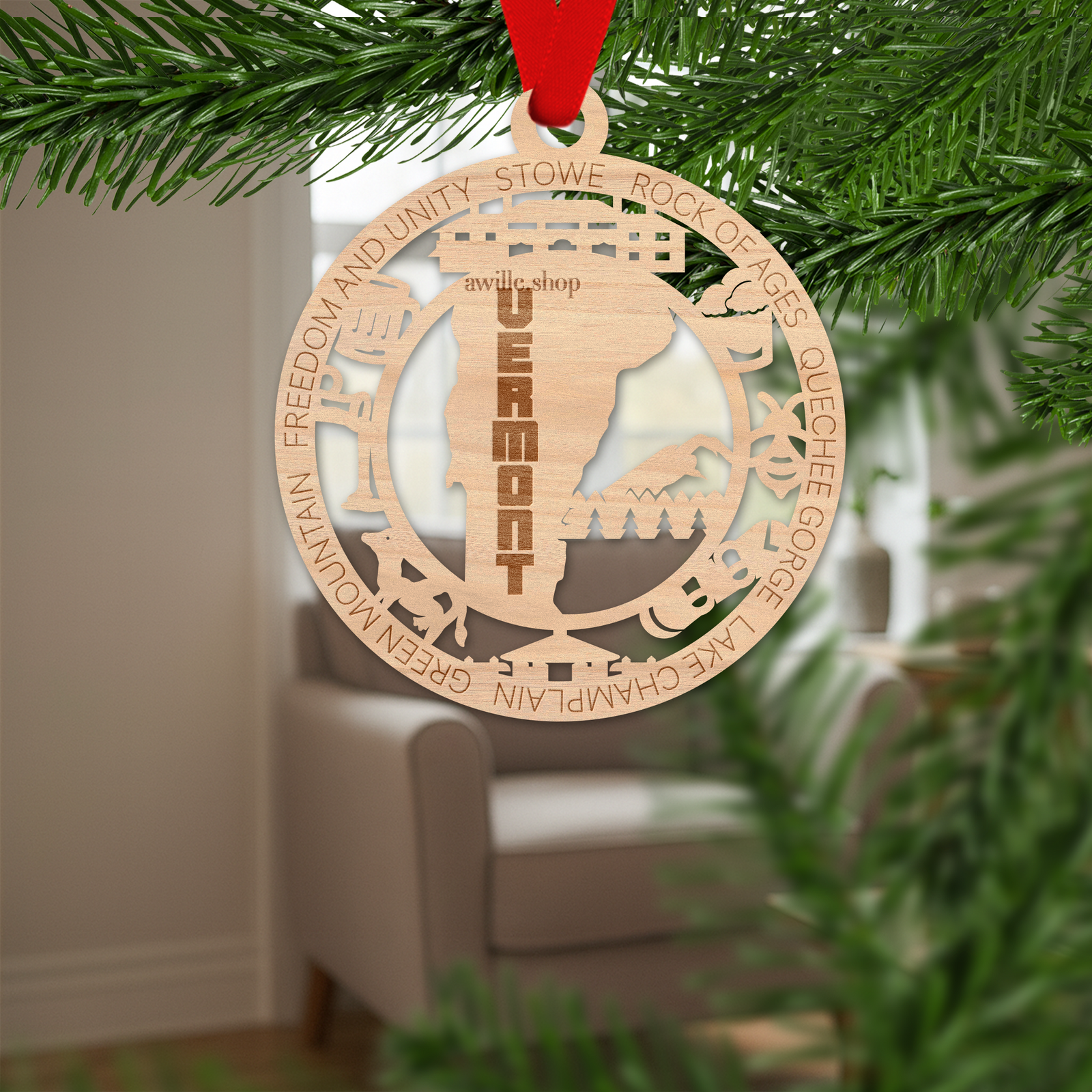 Vermont state single layer wood ornament, laser engraved as a rustic keepsake gift