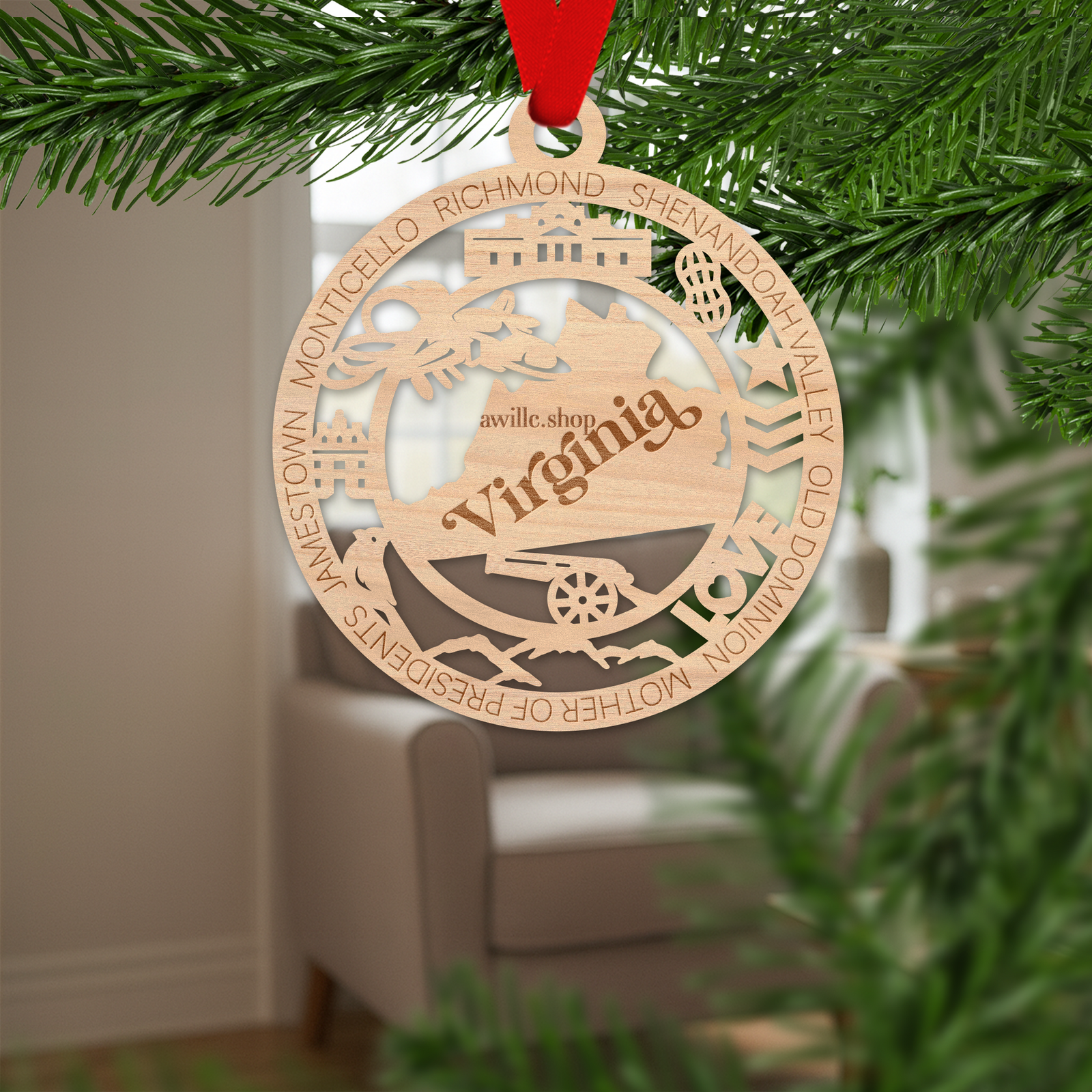 Virginia state single layer wood ornament, laser engraved as a rustic keepsake gift
