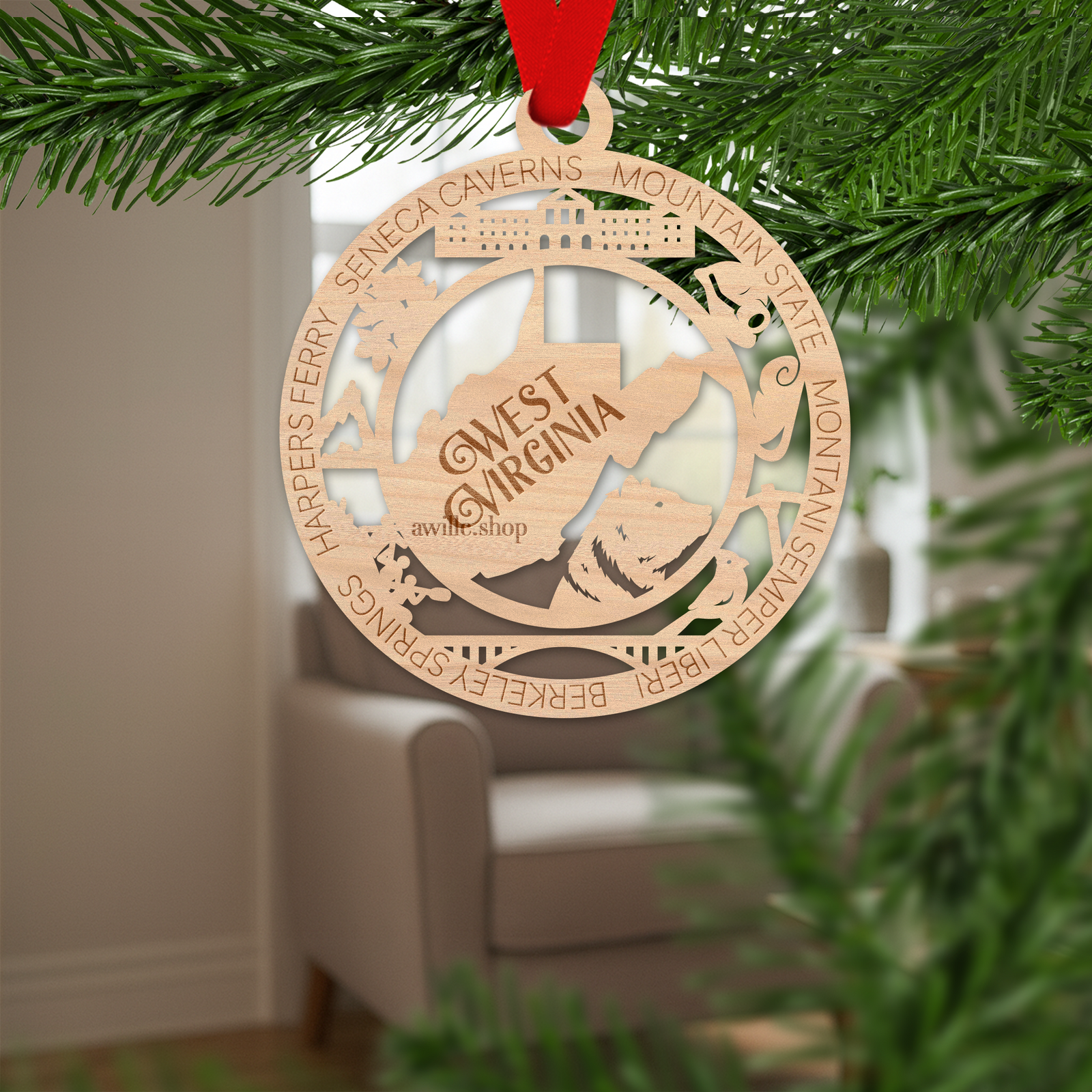 West Virginia state single layer wood ornament, laser engraved as a rustic keepsake gift