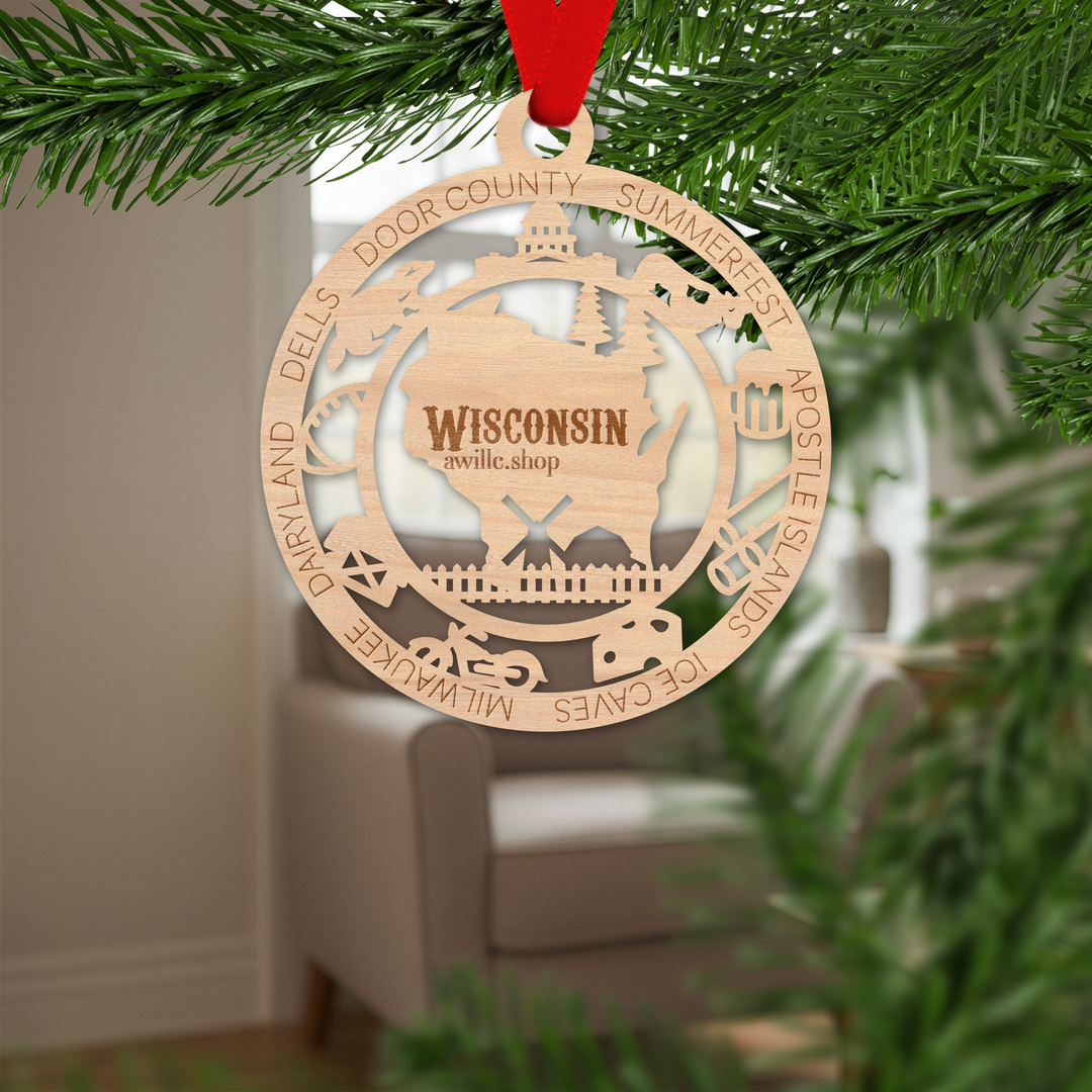 Wisconsin state single layer wood ornament, laser engraved as a rustic keepsake gift