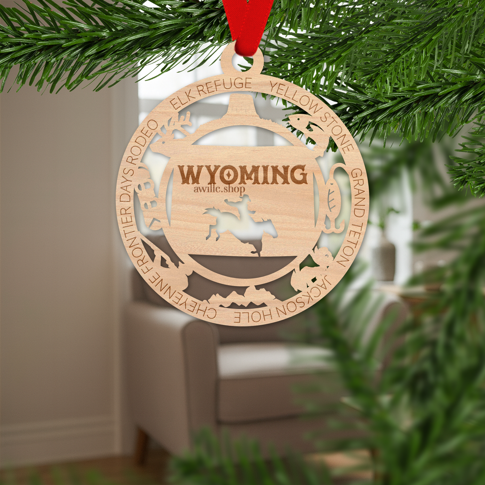 Wyoming state single layer wood ornament, laser engraved as a rustic keepsake gift
