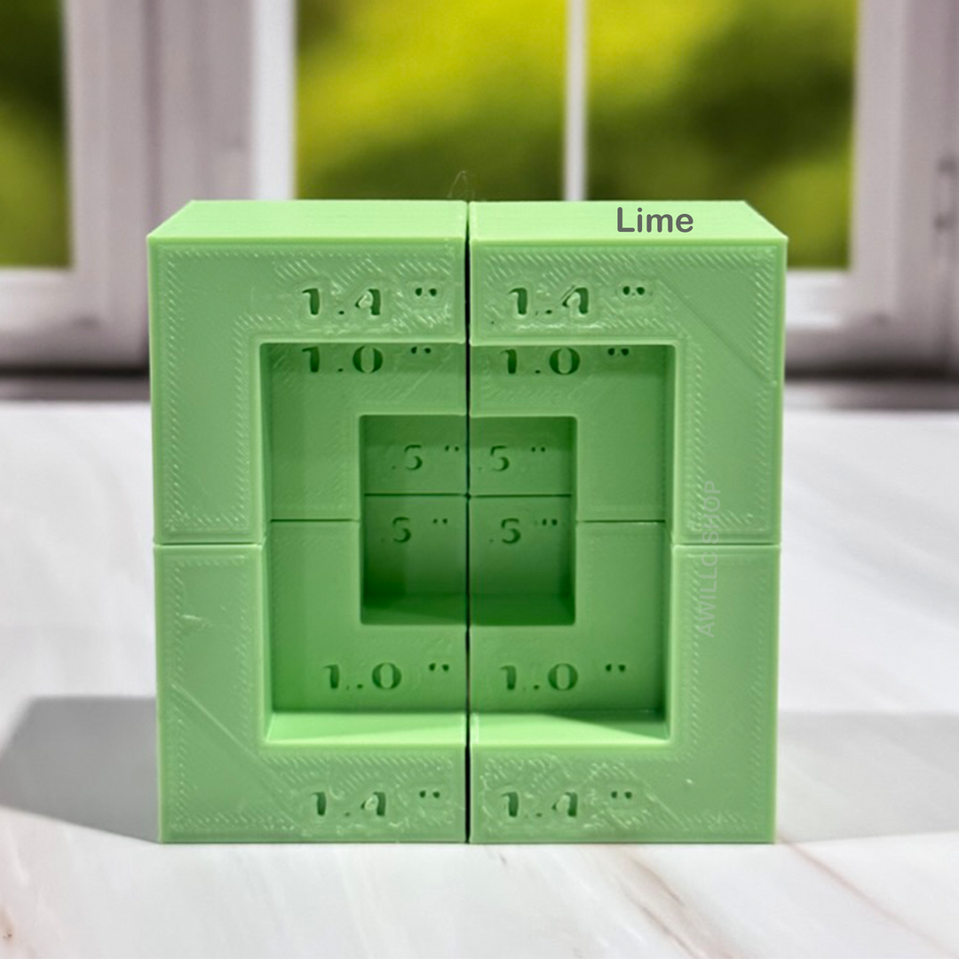 Four magnetic 3D printed riser blocks designed to elevate and support materials during laser cutting and engraving. The risers have been tested for use with the Aeon Mira 9  and Glowforge laser.